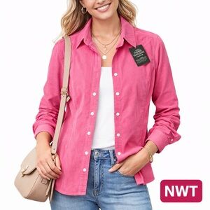 Eddie Bauer Pink Corduroy Button Front Shirt Petite XL
